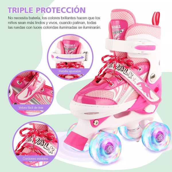 Patines De 4 Ruedas Ajustable Niño Niña Con Kit Protecciones