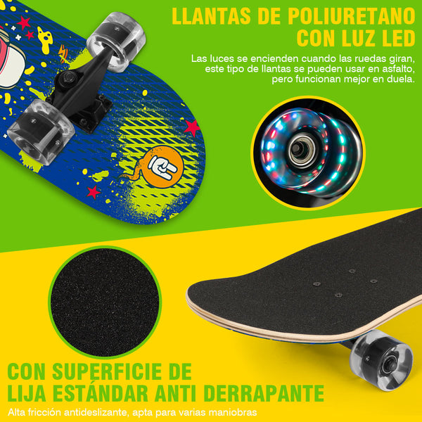 Patineta Skateboard Tabla De Madera Con Luz Led Herramienta