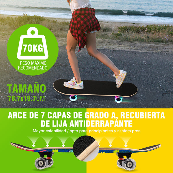 Patineta Skateboard Tabla De Madera Con Luz Led Herramienta